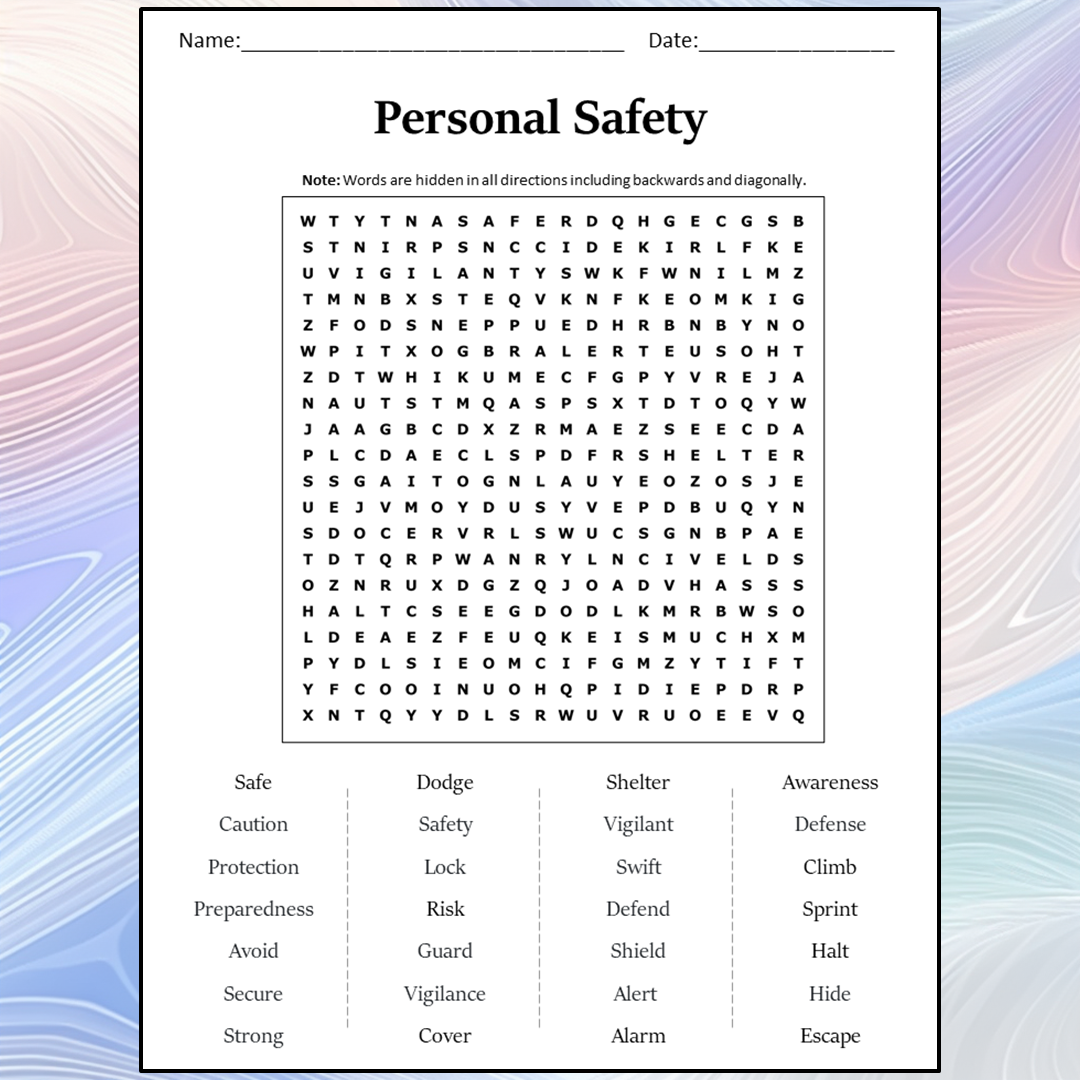 Personal Safety Word Search Puzzle Worksheet Activity PDF