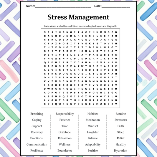 Stress Management Word Search Puzzle Worksheet Activity PDF