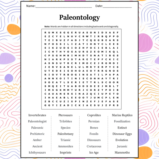 Paleontology Word Search Puzzle Worksheet Activity PDF