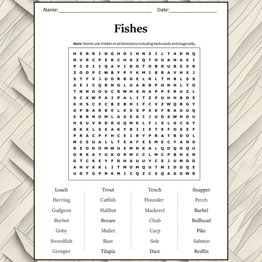 Fishes Word Search Puzzle Worksheet Activity PDF