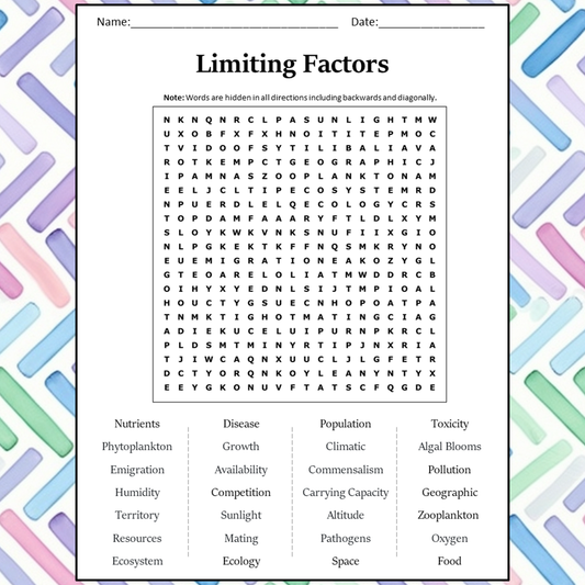 Limiting Factors Word Search Puzzle Worksheet Activity PDF