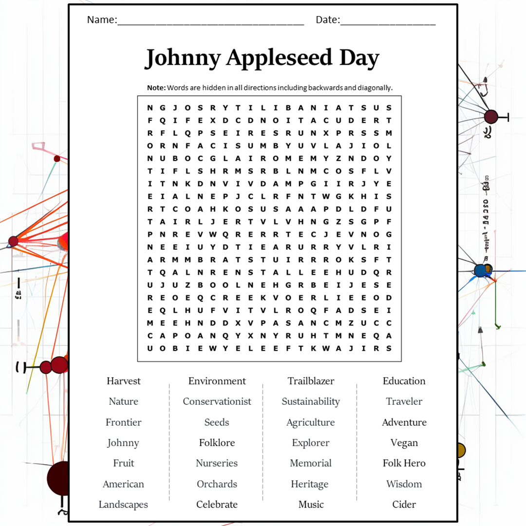 Johnny Appleseed Day Word Search Puzzle Worksheet Activity PDF