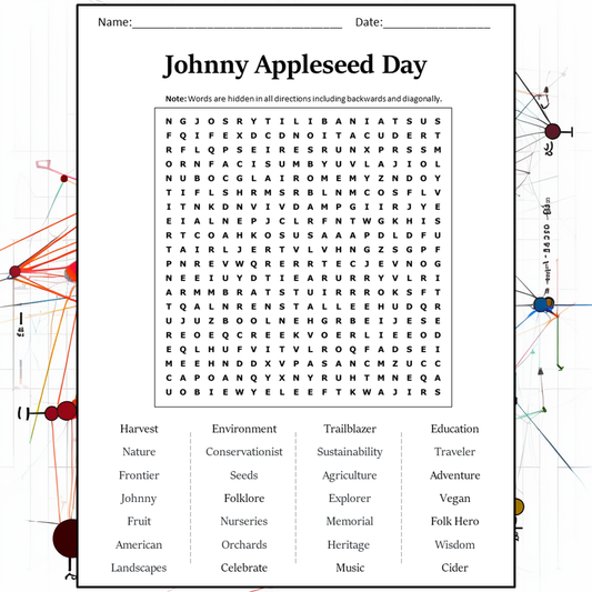 Johnny Appleseed Day Word Search Puzzle Worksheet Activity PDF