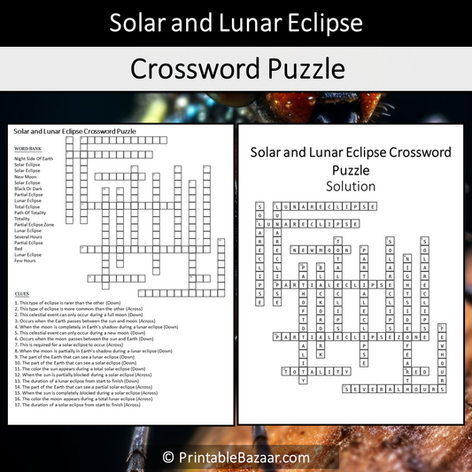 Solar And Lunar Eclipse Crossword Puzzle Worksheet Activity Printable PDF