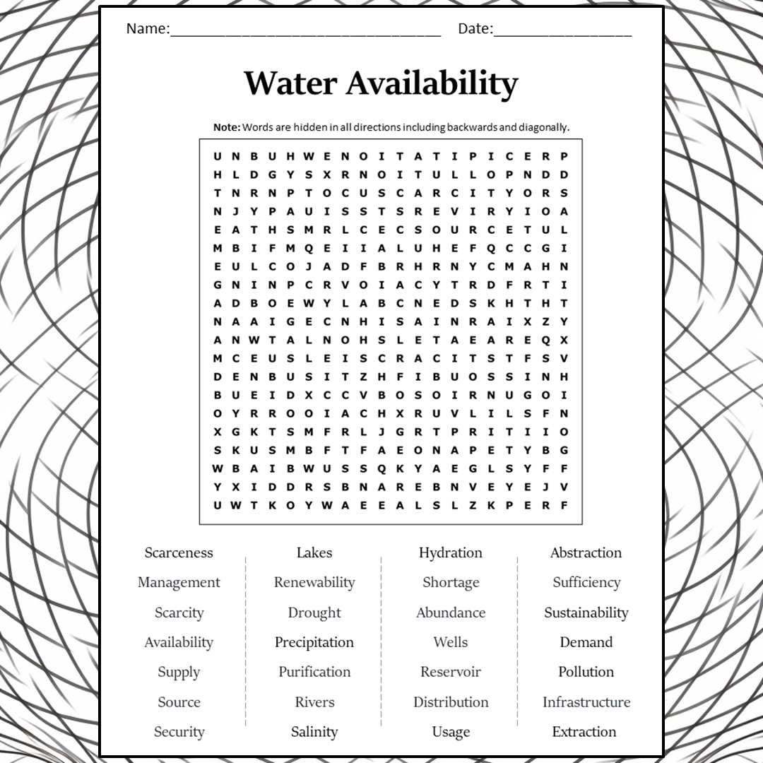 Water Availability Word Search Puzzle Worksheet Activity PDF