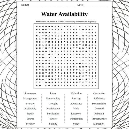 Water Availability Word Search Puzzle Worksheet Activity PDF