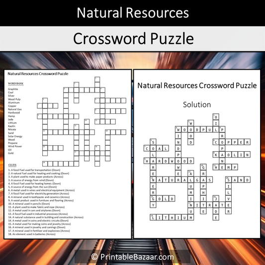 Natural Resources Crossword Puzzle Worksheet Activity Printable PDF