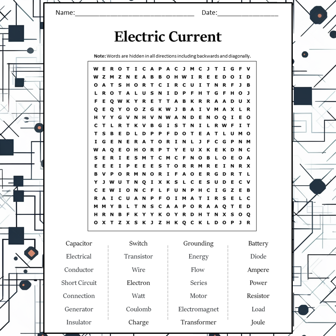 Electric Current Word Search Puzzle Worksheet Activity PDF