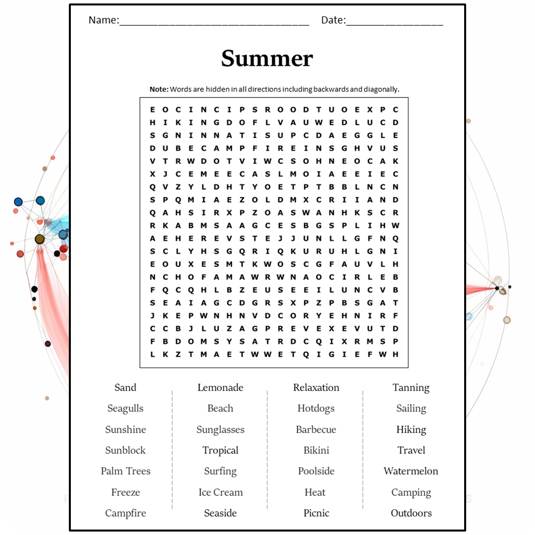 Summer Word Search Puzzle Worksheet Activity PDF