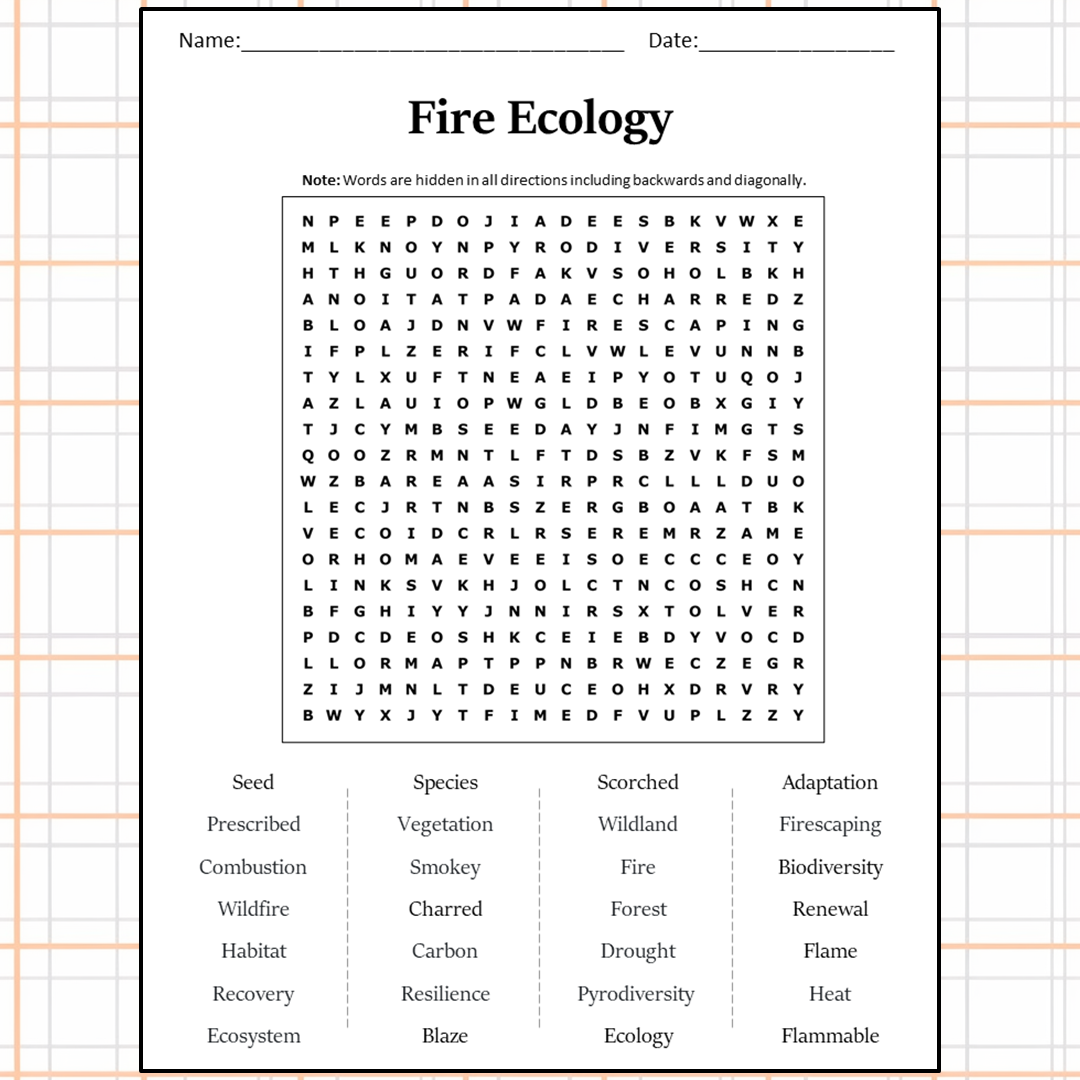 Fire Ecology Word Search Puzzle Worksheet Activity PDF