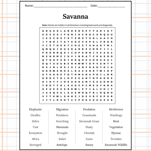 Savanna Word Search Puzzle Worksheet Activity PDF