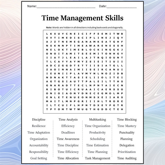 Time Management Skills Word Search Puzzle Worksheet Activity PDF