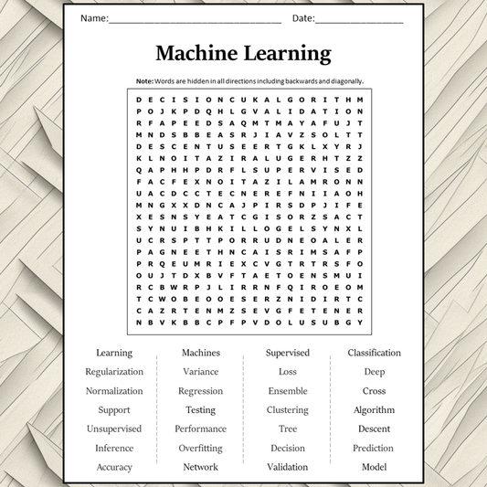 Machine Learning Word Search Puzzle Worksheet Activity PDF