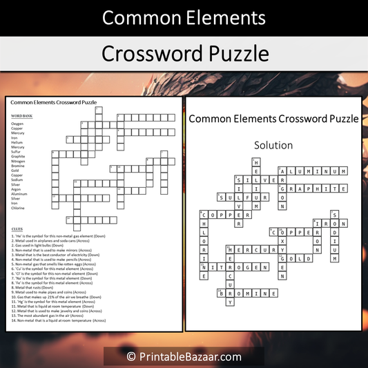 Common Elements Crossword Puzzle Worksheet Activity Printable PDF