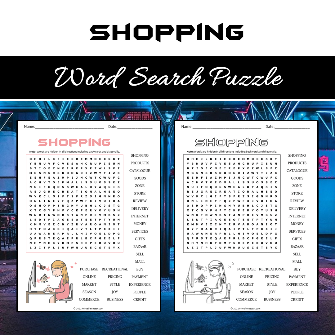 Shopping Word Search Puzzle Worksheet PDF