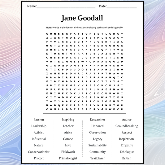 Jane Goodall Word Search Puzzle Worksheet Activity PDF