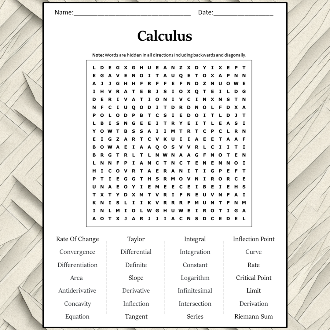 Calculus Word Search Puzzle Worksheet Activity PDF