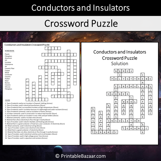 Conductors And Insulators Crossword Puzzle Worksheet Activity Printable PDF