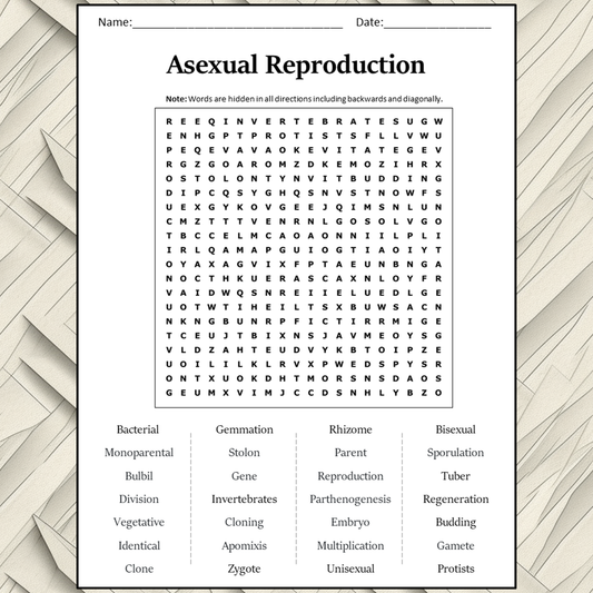 Asexual Reproduction Word Search Puzzle Worksheet Activity PDF