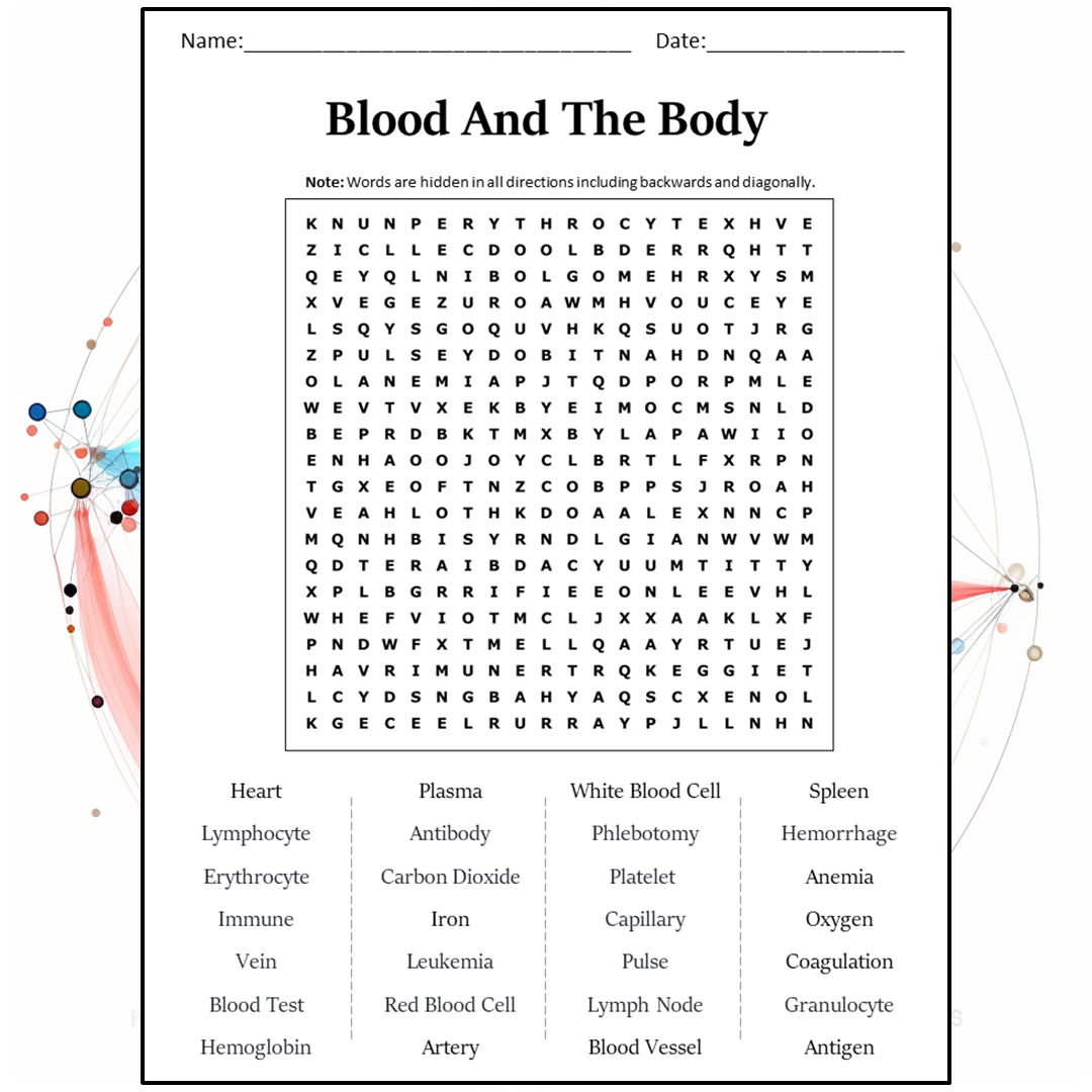 Blood And The Body Word Search Puzzle Worksheet Activity PDF