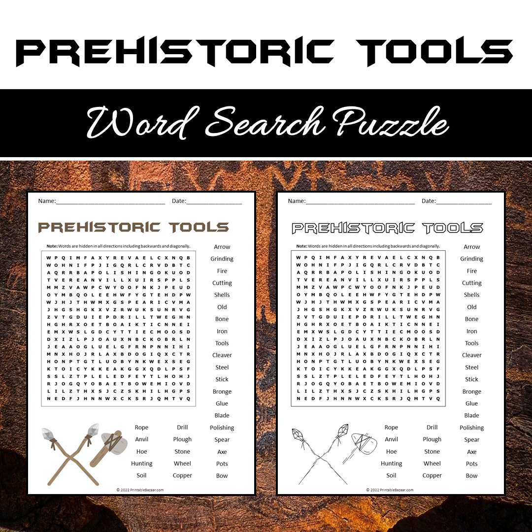 Prehistoric Tools Word Search Puzzle Worksheet PDF