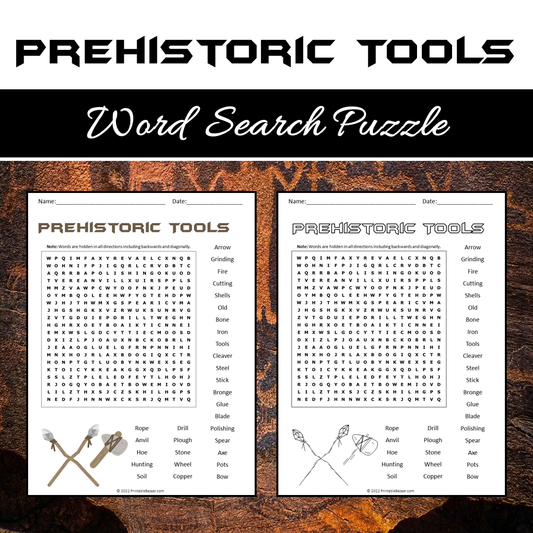 Prehistoric Tools Word Search Puzzle Worksheet PDF