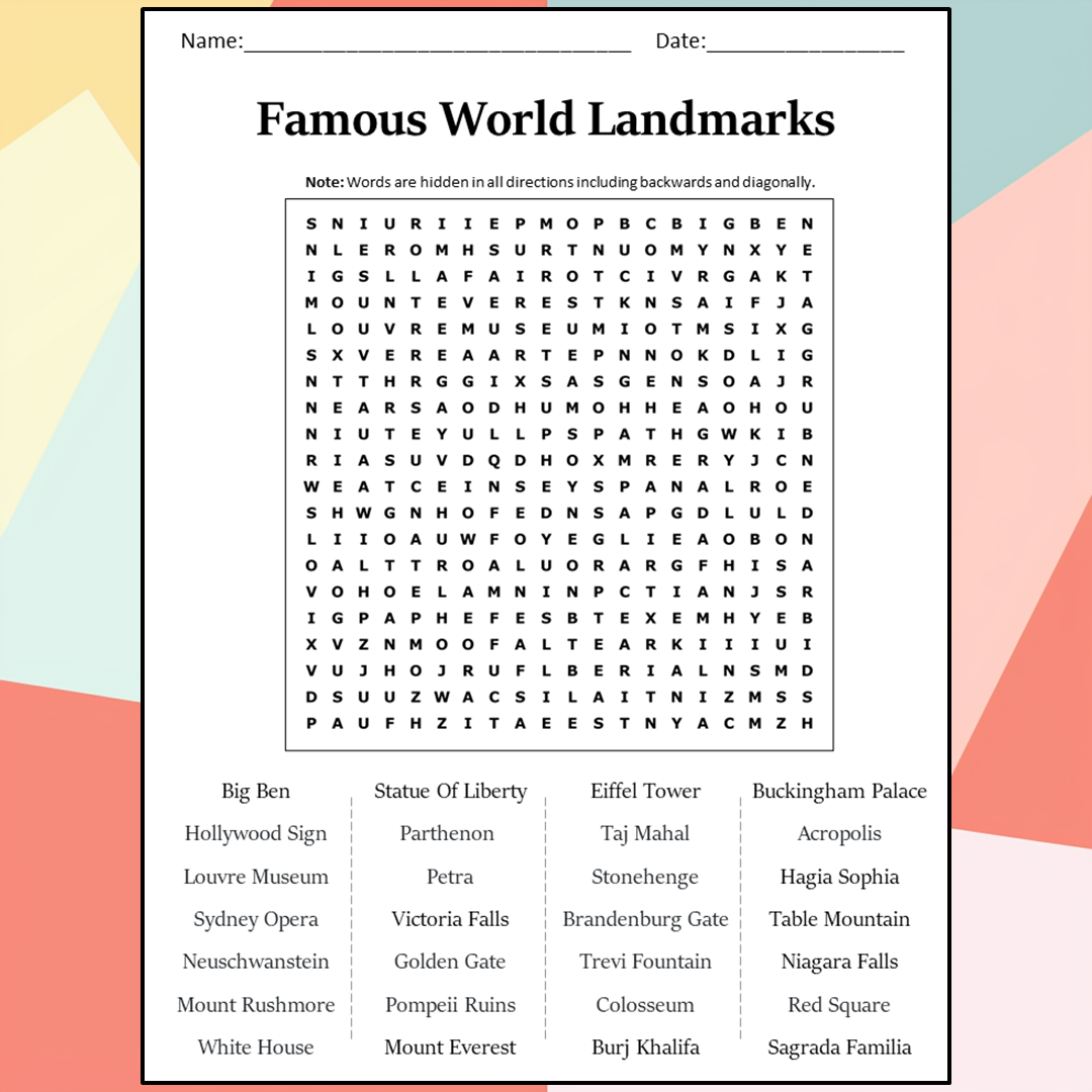 Famous World Landmarks Word Search Puzzle Worksheet Activity PDF