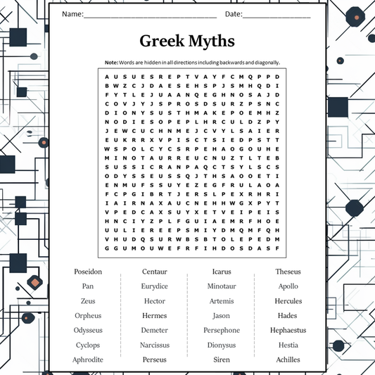 Greek Myths Word Search Puzzle Worksheet Activity PDF