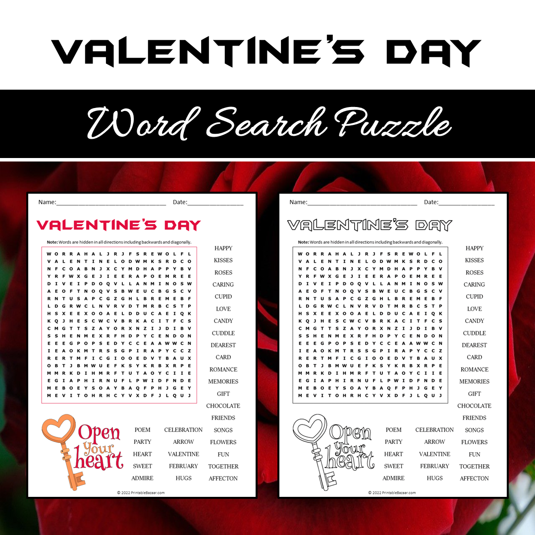Valentine's Day Word Search Puzzle Worksheet PDF