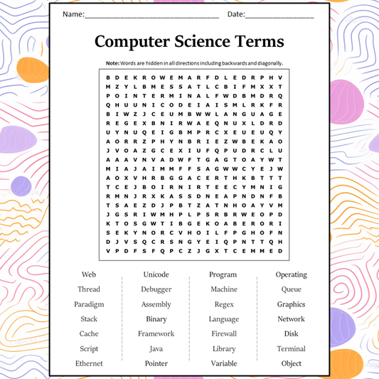 Computer Science Terms Word Search Puzzle Worksheet Activity PDF