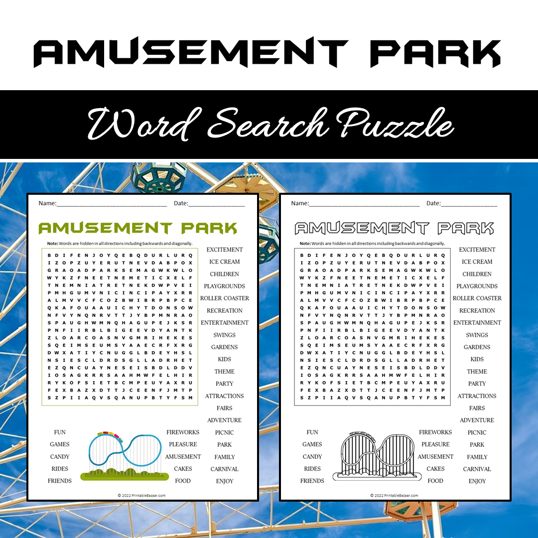 Amusement Park Word Search Puzzle Worksheet PDF