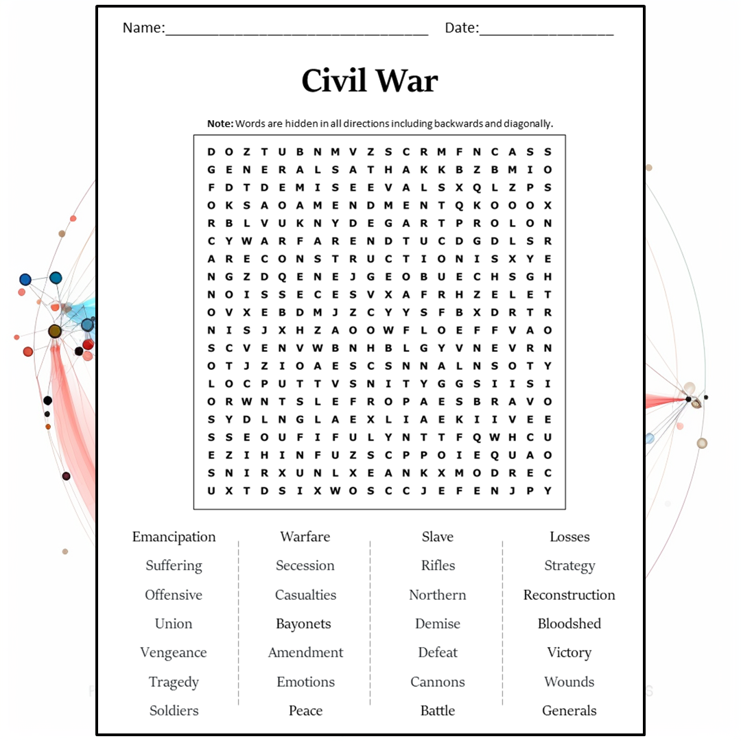 Civil War Word Search Puzzle Worksheet Activity PDF