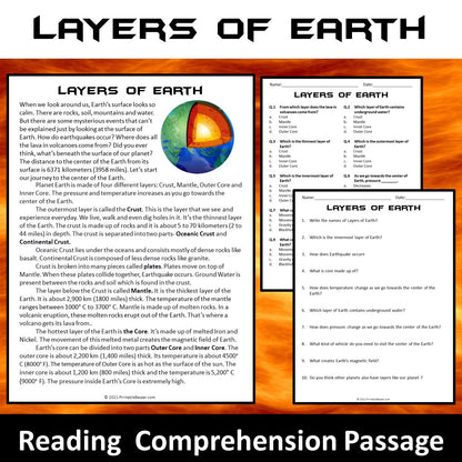 Layers Of Earth Reading Comprehension Passage and Questions | Printable PDF