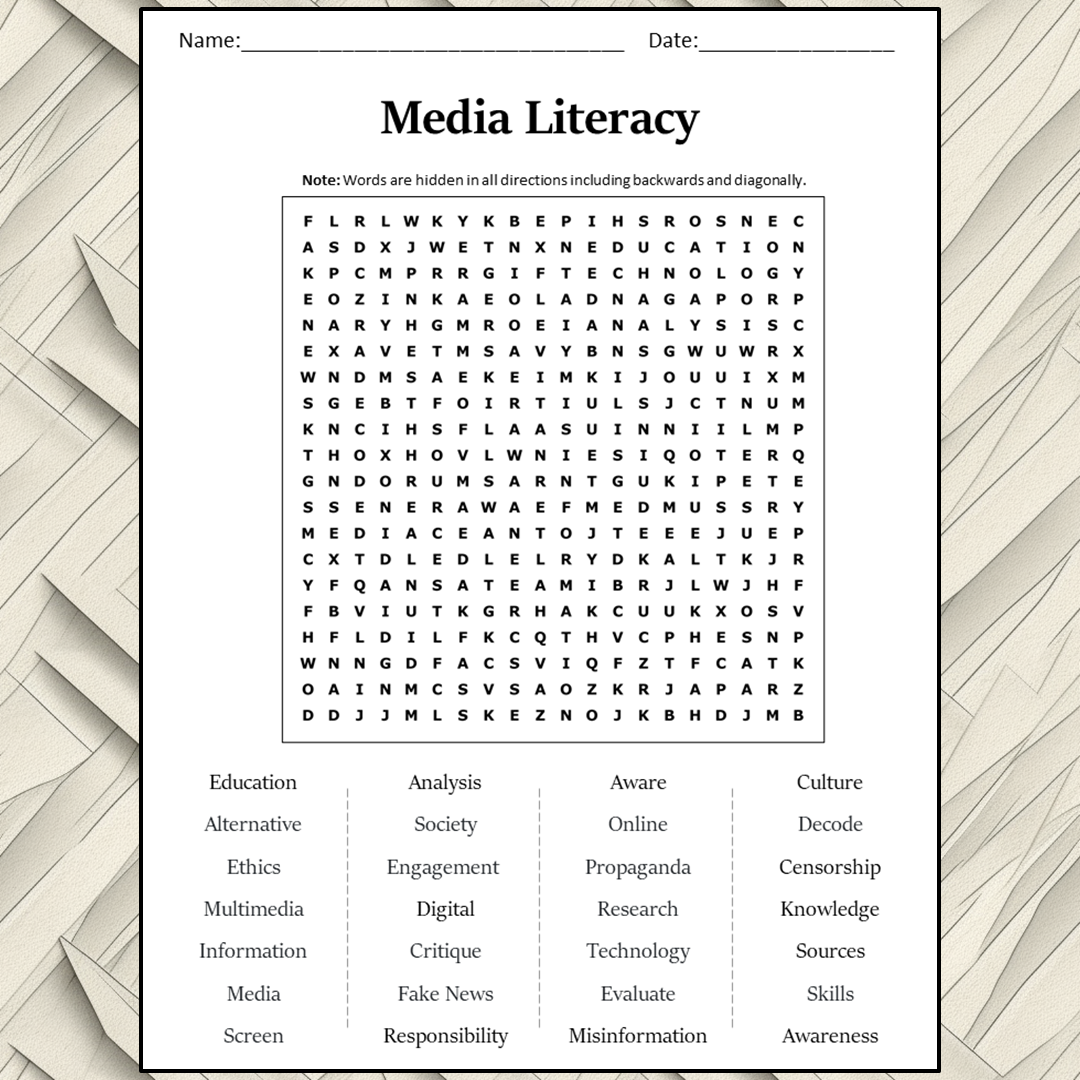 Media Literacy Word Search Puzzle Worksheet Activity PDF