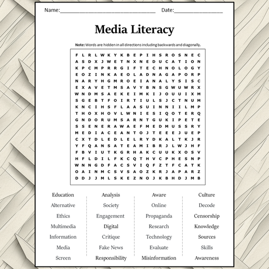 Media Literacy Word Search Puzzle Worksheet Activity PDF