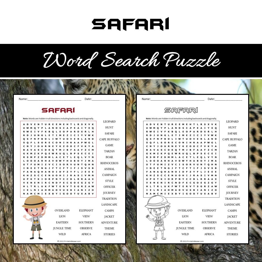 Safari Word Search Puzzle Worksheet PDF
