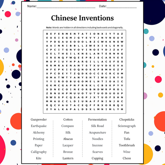 Chinese Inventions Word Search Puzzle Worksheet Activity PDF