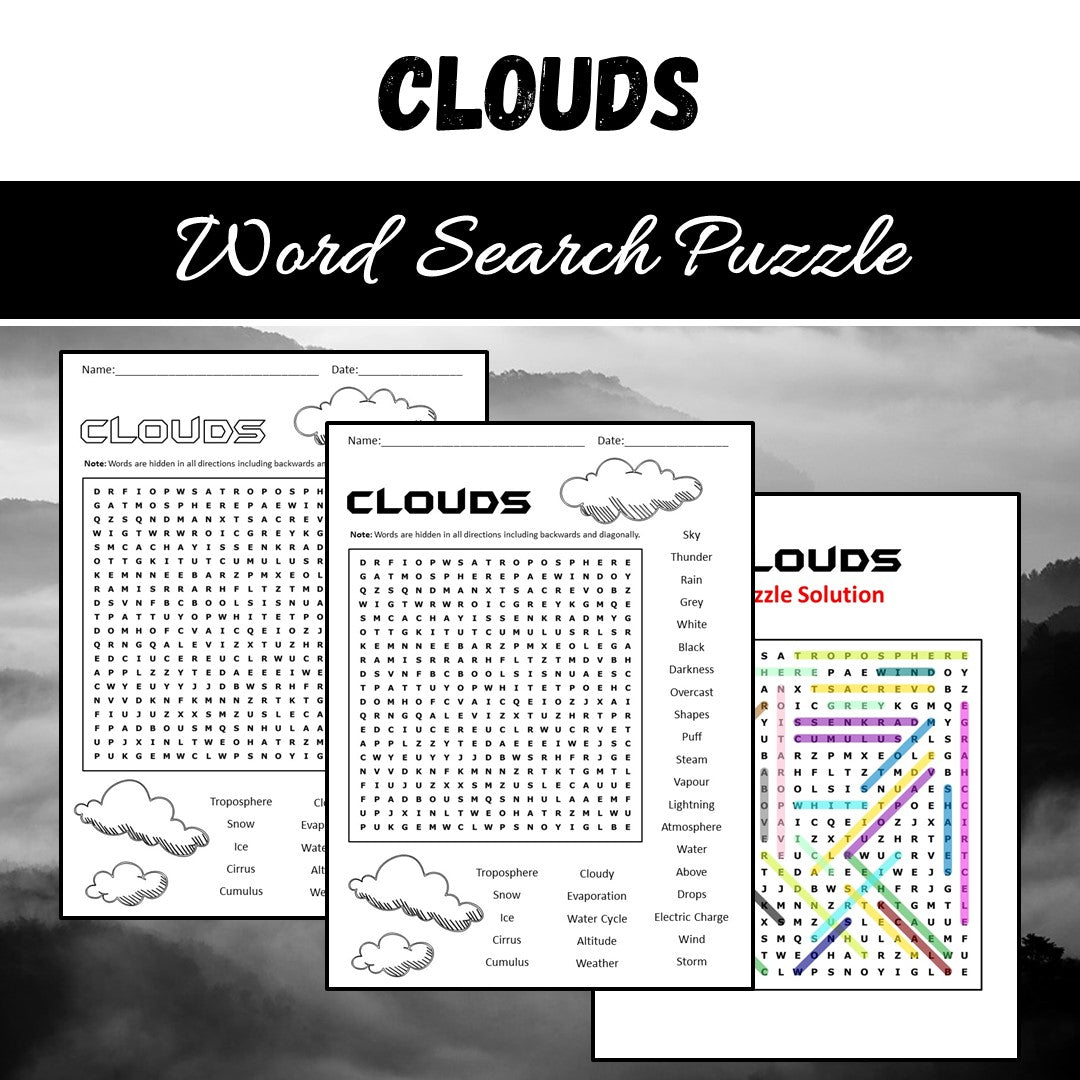 Clouds Word Search Puzzle Worksheet PDF