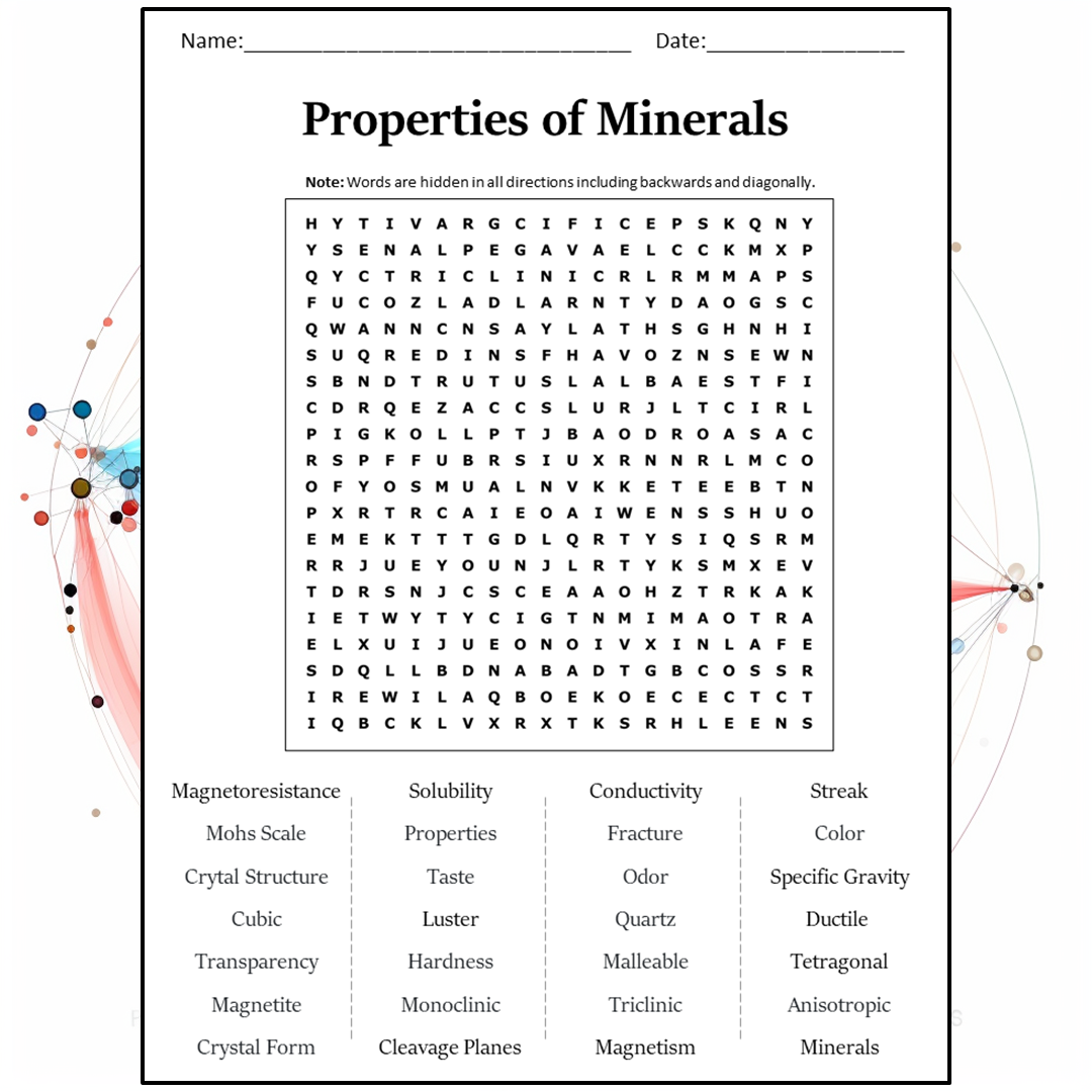 Properties Of Minerals Word Search Puzzle Worksheet Activity PDF