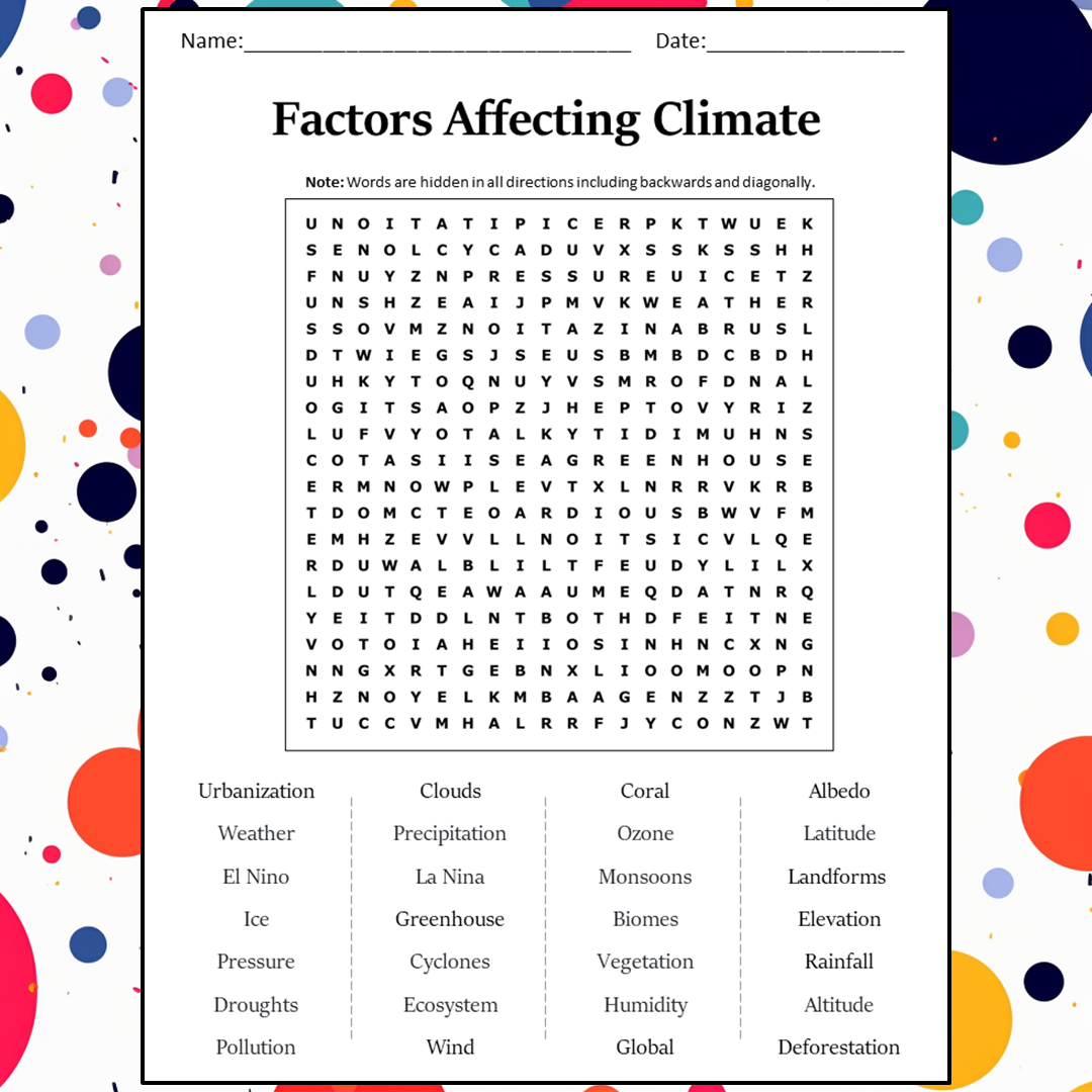 Factors Affecting Climate Word Search Puzzle Worksheet Activity PDF