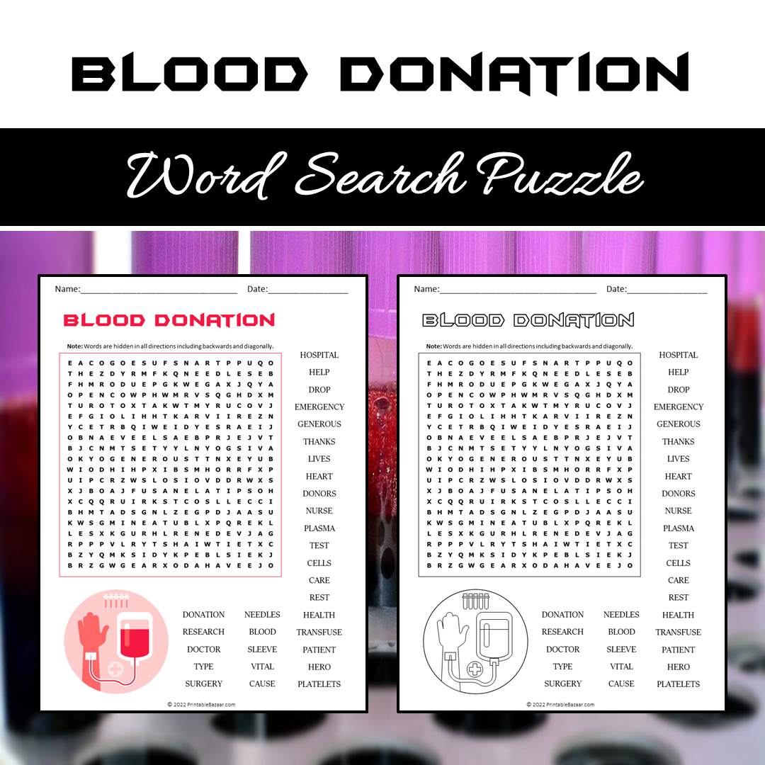 Blood Donation Word Search Puzzle Worksheet PDF
