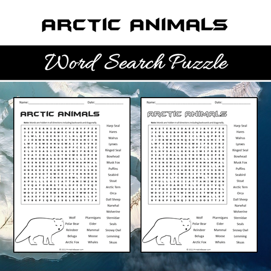 Arctic Animals Word Search Puzzle Worksheet PDF