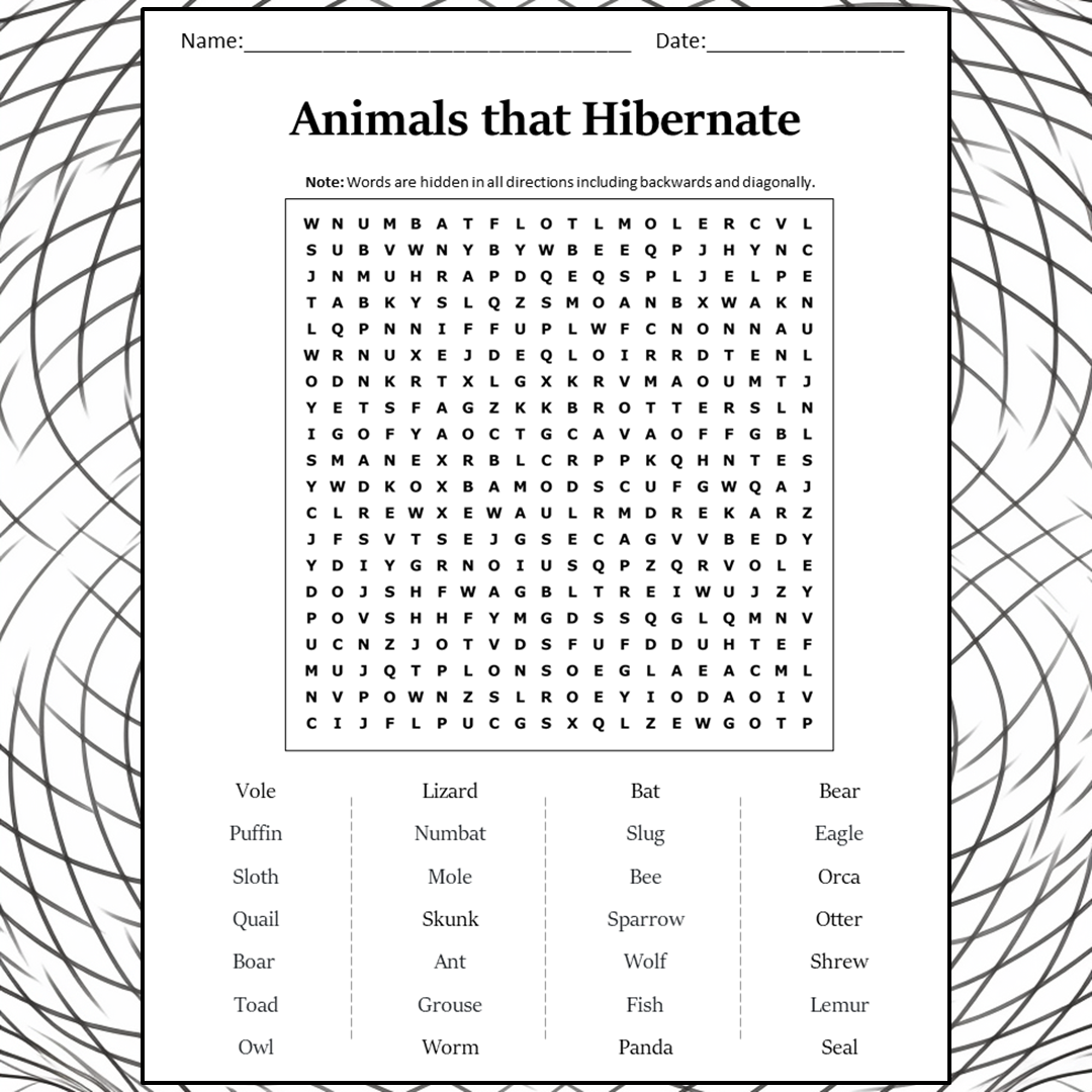 Animals That Hibernate Word Search Puzzle Worksheet Activity PDF