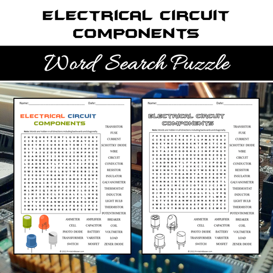 Electrical Circuit Components Word Search Puzzle Worksheet PDF