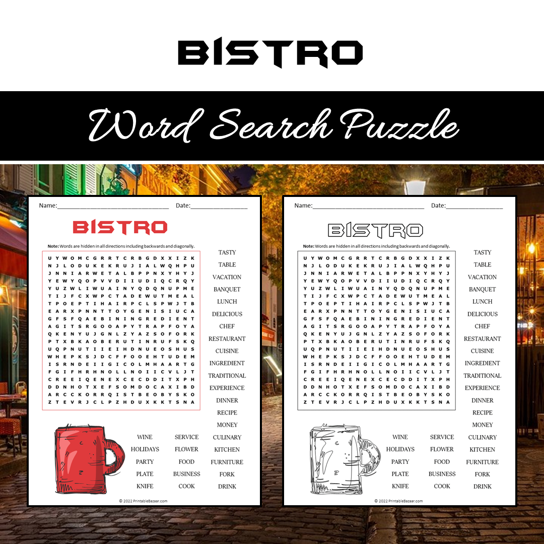 Bistro Word Search Puzzle Worksheet PDF