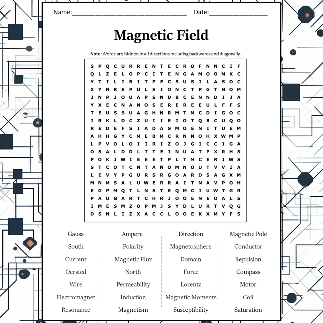 Magnetic Field Word Search Puzzle Worksheet Activity PDF