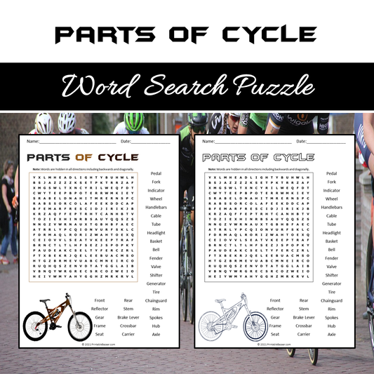 Parts Of Cycle Word Search Puzzle Worksheet PDF