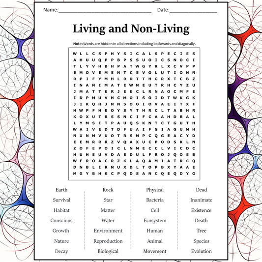 Living and Non-Living Word Search Puzzle Worksheet Activity PDF