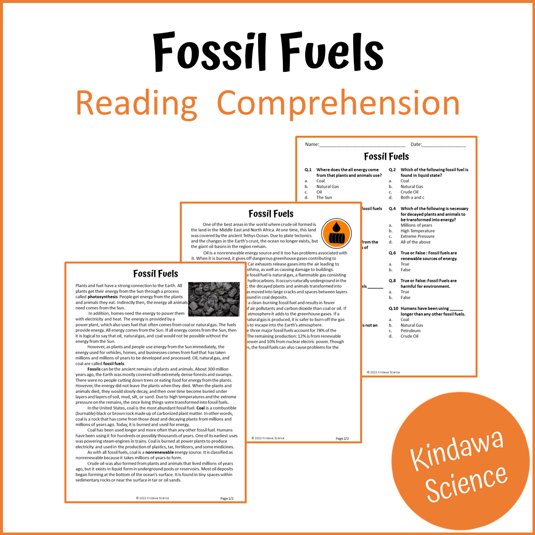 Fossil Fuels Reading Comprehension Passage and Questions | Printable P ...