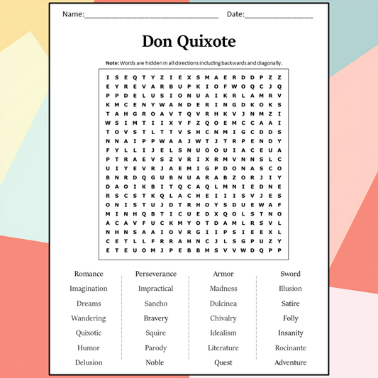 Don Quixote Word Search Puzzle Worksheet Activity PDF